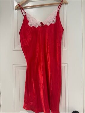 Leslie Fay Red Satin Slip with Pink Lace Trim
